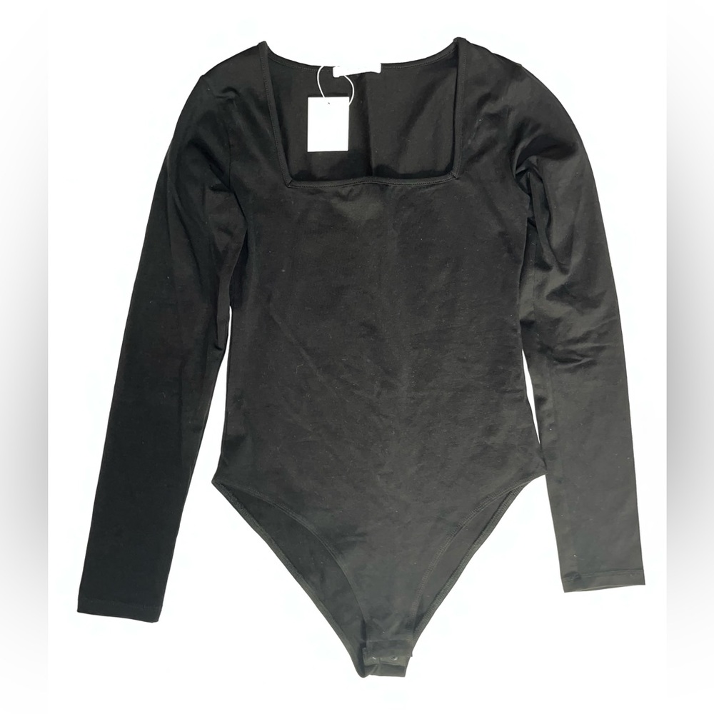 NEW with tags-MANGOPOP Women's Square Neck, Long Sleeve Bodysuit-Black/Size S